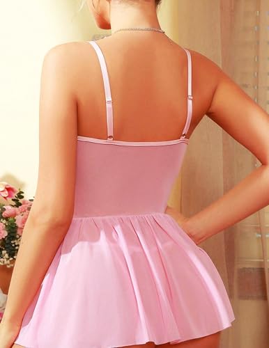 Lingerie for Women Sexy Lace Babydoll Elegant Mesh Chemise & Teddy V Neck Sheer Boudoir Nightwear Set Pink - Image 4