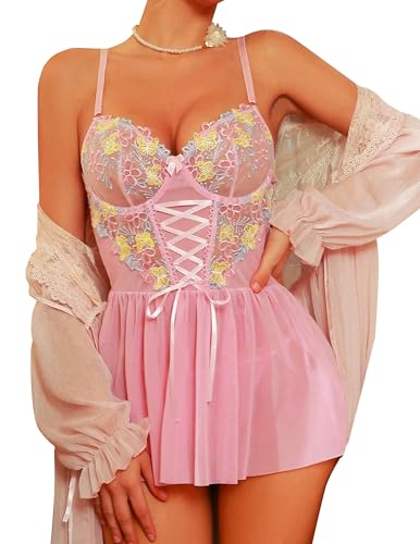 Lingerie for Women Sexy Lace Babydoll Elegant Mesh Chemise & Teddy V Neck Sheer Boudoir Nightwear Set Pink