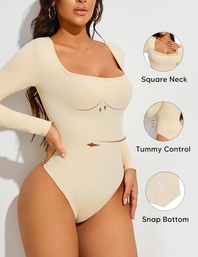 Long Sleeve Bodysuits for Women Square Neck Sexy Ribbed One Piece Shirt Tops Tummy Control Bodysuits - Image 4