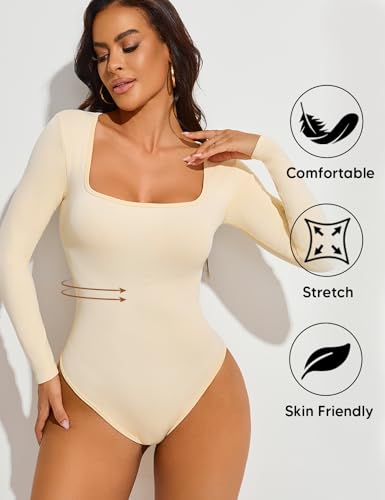 Long Sleeve Bodysuits for Women Square Neck Sexy Ribbed One Piece Shirt Tops Tummy Control Bodysuits - Image 5