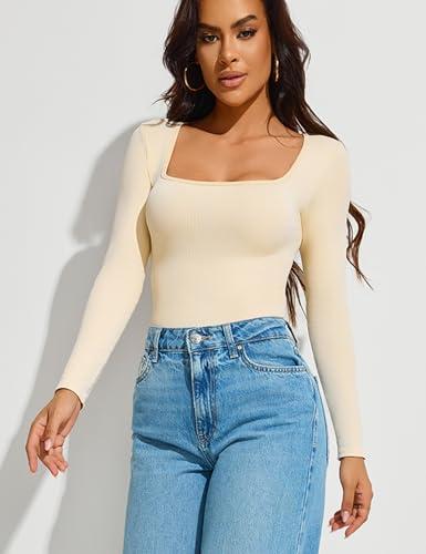 Long Sleeve Bodysuits for Women Square Neck Sexy Ribbed One Piece Shirt Tops Tummy Control Bodysuits - Image 6