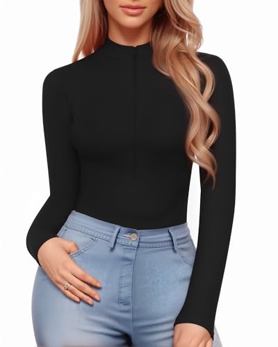 MANGOPOP Long Sleeve Body Suit Mock Turtle Neck Zip Up Bodysuit for Women Ribbed Deep V Sexy Bodysuit Shirts - Image 3