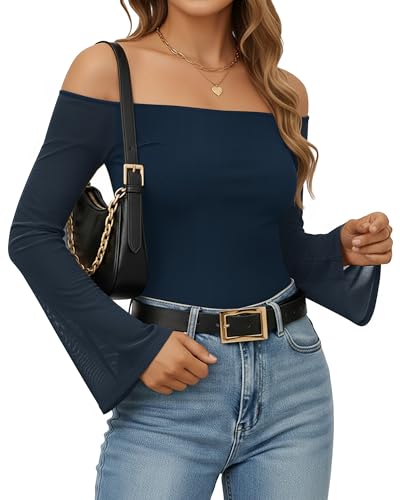 MANGOPOP Women‘s Off The Shoulder Bodysuit Mesh Bell Sleeve Body Suit Sexy Going out Fall Backless Tops 2025 - Image 3