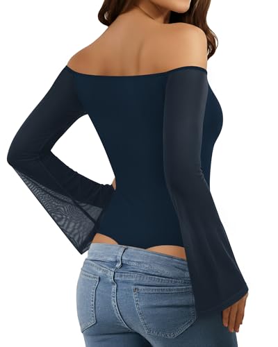 MANGOPOP Women‘s Off The Shoulder Bodysuit Mesh Bell Sleeve Body Suit Sexy Going out Fall Backless Tops 2025 - Image 4