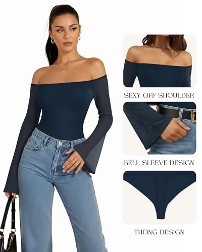 MANGOPOP Women‘s Off The Shoulder Bodysuit Mesh Bell Sleeve Body Suit Sexy Going out Fall Backless Tops 2025 - Image 5