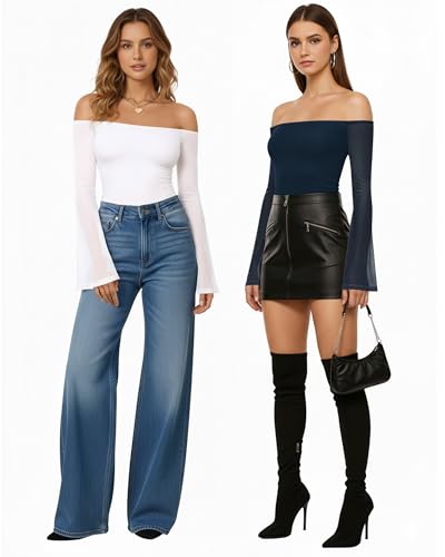 MANGOPOP Women‘s Off The Shoulder Bodysuit Mesh Bell Sleeve Body Suit Sexy Going out Fall Backless Tops 2025 - Image 6