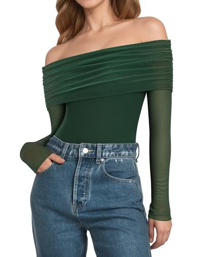 MANGOPOP Women's Off The Shoulder Long Sleeve Bodysuit Sexy Sheer Mesh Top Double Lined Body Suits Fall Outfit 2025 - Image 3