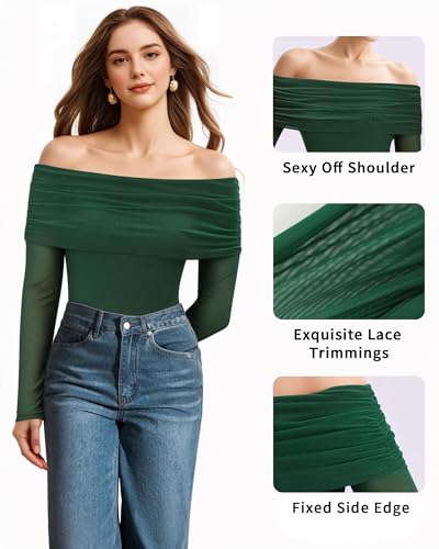 MANGOPOP Women's Off The Shoulder Long Sleeve Bodysuit Sexy Sheer Mesh Top Double Lined Body Suits Fall Outfit 2025 - Image 5