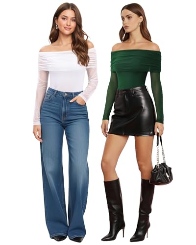 MANGOPOP Women's Off The Shoulder Long Sleeve Bodysuit Sexy Sheer Mesh Top Double Lined Body Suits Fall Outfit 2025 - Image 6