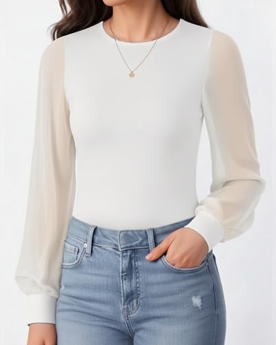 MANGOPOP Women’s Sheer Mesh Puff Long Sleeve Bodysuit Double Lined Crew Neck Thong Body Suits Trendy Fall Tops 2025 - Image 3