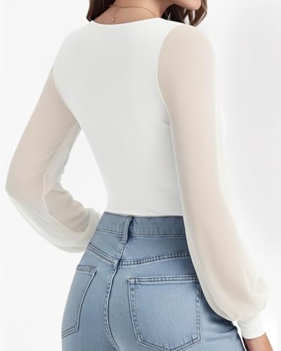 MANGOPOP Women’s Sheer Mesh Puff Long Sleeve Bodysuit Double Lined Crew Neck Thong Body Suits Trendy Fall Tops 2025 - Image 4