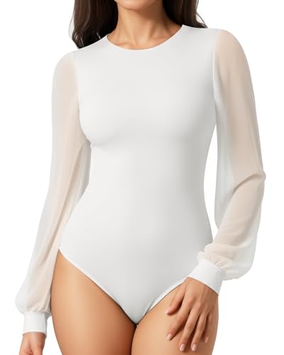 MANGOPOP Women’s Sheer Mesh Puff Long Sleeve Bodysuit Double Lined Crew Neck Thong Body Suits Trendy Fall Tops 2025
