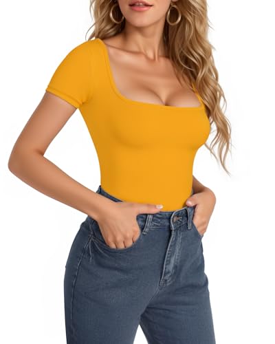 MANGOPOP Women's Square Neck Short Sleeve Long Sleeve Bodysuit Sexy Body Suits Shirt Slim Fitted Tops - Image 3