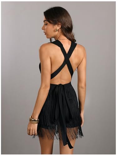 MakeMeChic Women's Deep V Neck Sleeveless Bodycon Romper Halter Fringe Hem Backless Rompers - Image 3