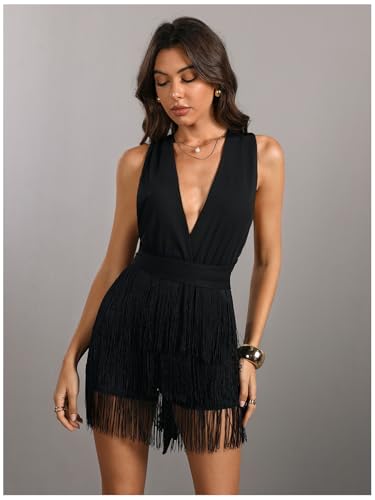 MakeMeChic Women's Deep V Neck Sleeveless Bodycon Romper Halter Fringe Hem Backless Rompers - Image 4