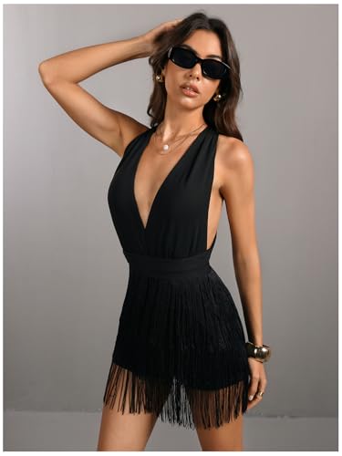 MakeMeChic Women's Deep V Neck Sleeveless Bodycon Romper Halter Fringe Hem Backless Rompers - Image 5