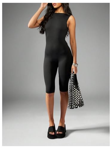 Milumia Women's Boat Neck Sleeveless Jumpsuit Sexy Yoga Workout Backless Skinny Bermuda Rompers - Image 3