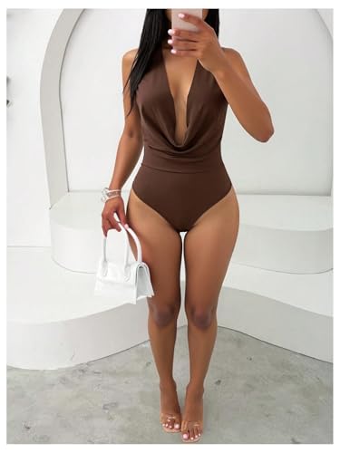 Milumia Women's Cowl Neck Ruched Bodysuit Sexy Draped Front Sleeveless Party Tank Tops Leotards - Image 5