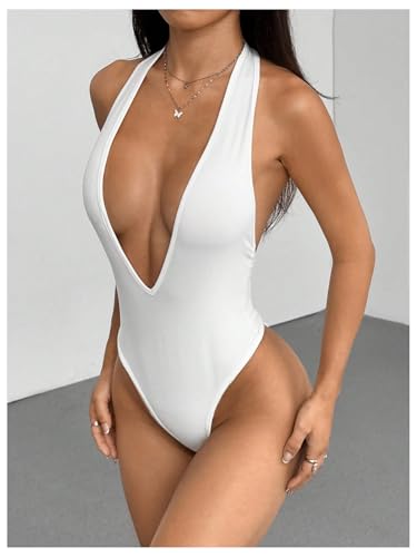 Milumia Women's Deep V Neck Halter Bodysuit Sexy Backless Slim Fit Going Out Top - Image 3