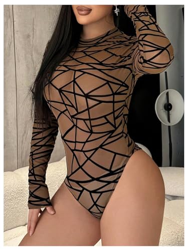 Milumia Women's Geo Print Sheer Mesh Bodysuit Mock Neck Long Sleeve Party Leotard Jumpsuit Romper - Image 3