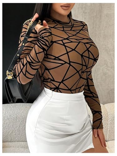 Milumia Women's Geo Print Sheer Mesh Bodysuit Mock Neck Long Sleeve Party Leotard Jumpsuit Romper - Image 5