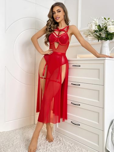 Milumia Women's One Piece Leather Teddy Bodysuit Sheer Lingerie Skirt - Image 5