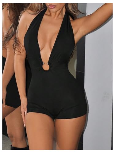 Milumia Women's Sexy Deep V Neck Sleeveless Romper Ring Decro Backless Halter Unitard Jumpsuit Party Outfits - Image 5