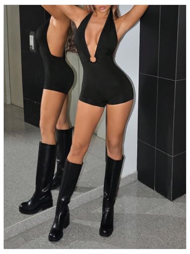 Milumia Women's Sexy Deep V Neck Sleeveless Romper Ring Decro Backless Halter Unitard Jumpsuit Party Outfits - Image 6