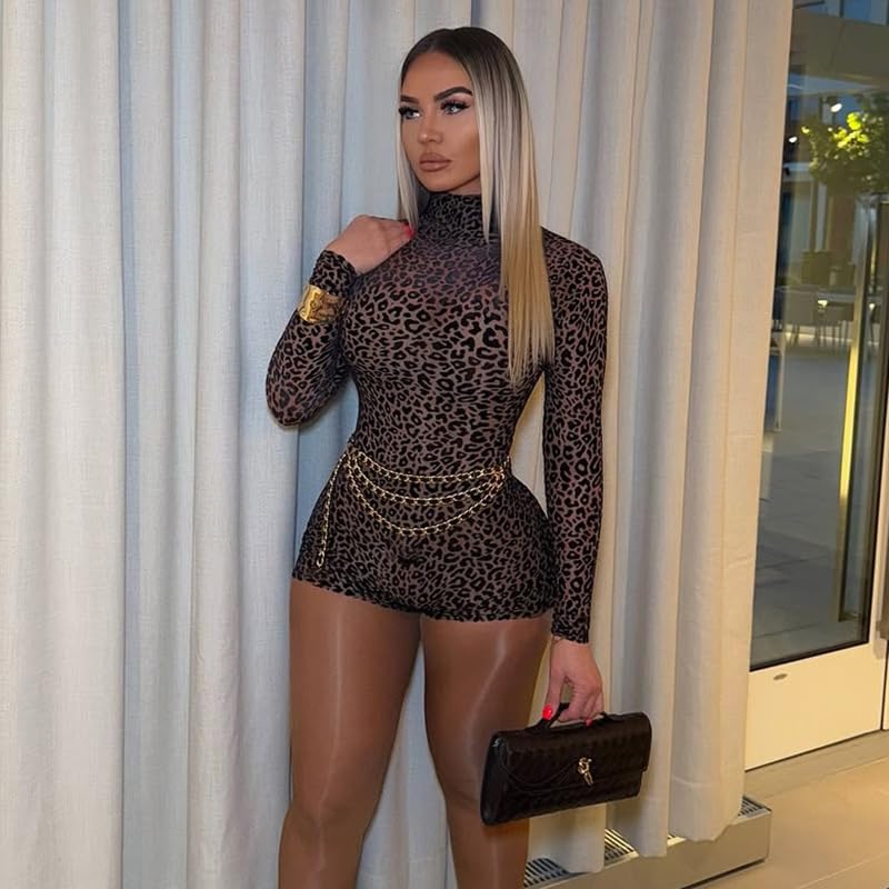 Molilove Womens Cheetah Print Romper Sexy Bodycon Shorts Jumpsuit Long Sleeve Crew Neck One Piece Outfits Y2K Trendy Clothes - Image 3