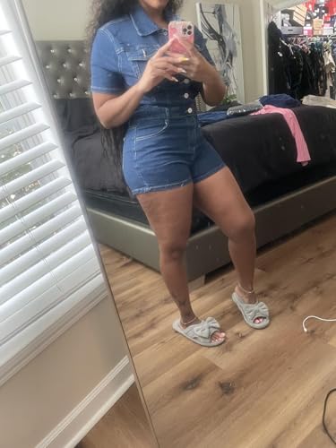 Molilove Women's Vintage Short Denim Jumpsuit Short Sleeve Button Down Jean Jumpsuit Rompers with Pockets - Image 3