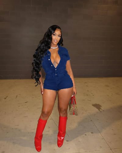 Molilove Women's Vintage Short Denim Jumpsuit Short Sleeve Button Down Jean Jumpsuit Rompers with Pockets - Image 5