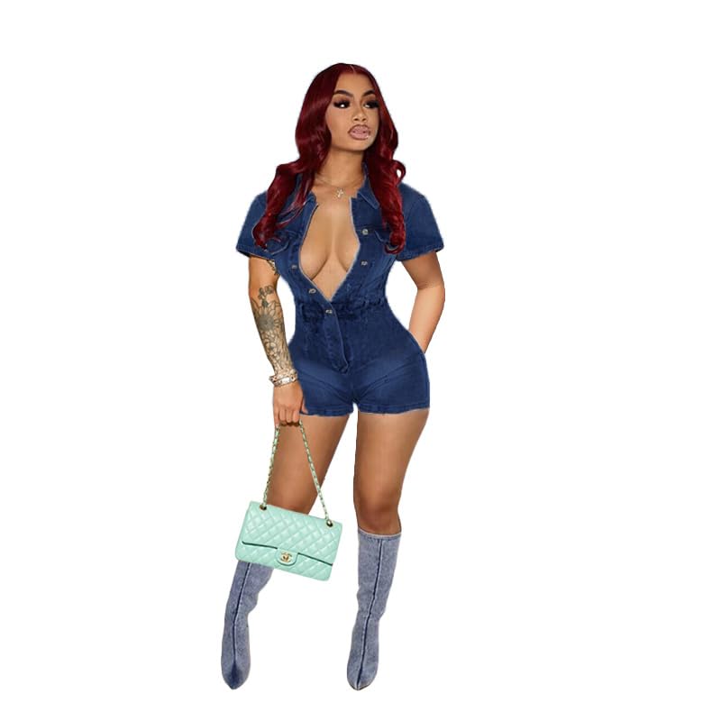 Molilove Women's Vintage Short Denim Jumpsuit Short Sleeve Button Down Jean Jumpsuit Rompers with Pockets - Image 6