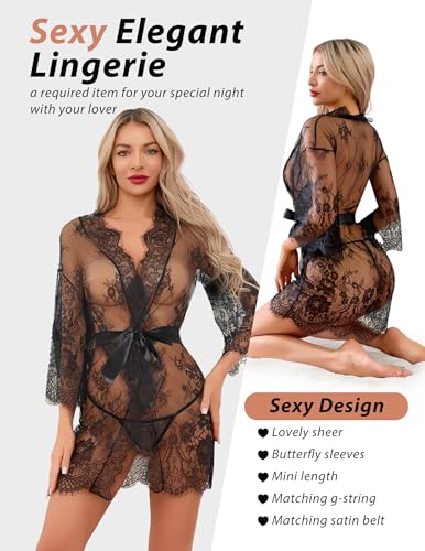 Alternative view of Narcisse Women's Lingerie Lace Kimono Robe Mesh Nightgown for Women Chemise Babydoll Lingerie Cover Up Sheer Robe with Belt