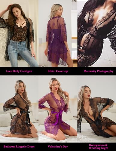 Narcisse Women's Lingerie Lace Kimono Robe Mesh Nightgown for Women Chemise Babydoll Lingerie Cover Up Sheer Robe with Belt - Image 4