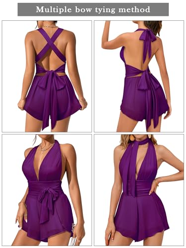 Nlife Womens Deep V Neck Halter Jumpsuit Tie Backless 2 in 1 Flowy Chiffon Shorts Romper Sexy Plunge Concert Mini Outfit - Image 4