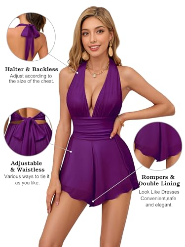 Nlife Womens Deep V Neck Halter Jumpsuit Tie Backless 2 in 1 Flowy Chiffon Shorts Romper Sexy Plunge Concert Mini Outfit - Image 6