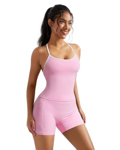 OMKAGI 2 Piece Workout Sets for Women Padded Sports Bra Tank Booty Gym Shorts with Pockets - Image 3