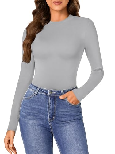 OPOIPIN Women's Mock Neck Long Sleeve Slim Fit Basic Bodysuit Leotard Top T-Shirt - Image 3