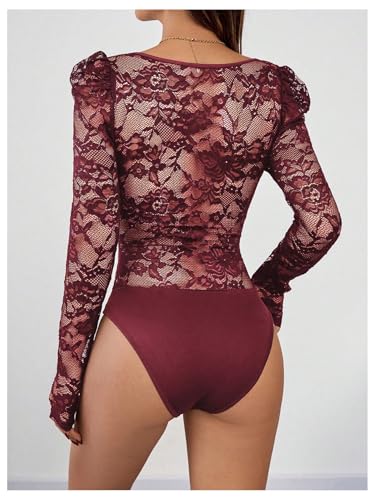 OYOANGLE Women's Lace Sheer Long Sleeve Corset Bodysuit Sweetheart Neck Party Club Leotard - Image 3