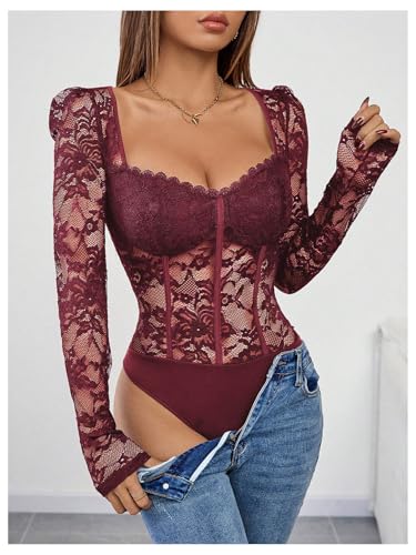 OYOANGLE Women's Lace Sheer Long Sleeve Corset Bodysuit Sweetheart Neck Party Club Leotard - Image 4