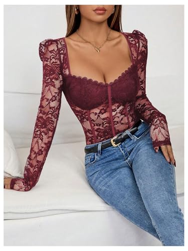 OYOANGLE Women's Lace Sheer Long Sleeve Corset Bodysuit Sweetheart Neck Party Club Leotard - Image 5