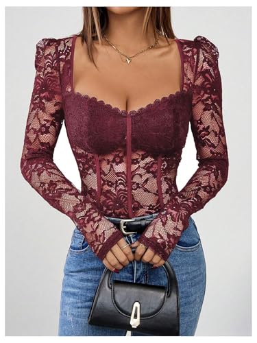 OYOANGLE Women's Lace Sheer Long Sleeve Corset Bodysuit Sweetheart Neck Party Club Leotard - Image 6