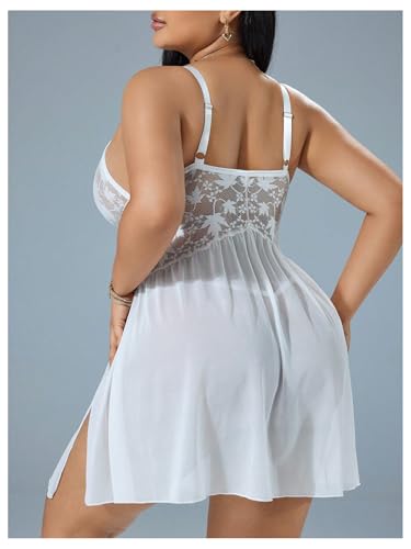 OYOANGLE Women's Plus Size 2 Piece Lingerie Set Lace Sheer Split Chemise Nightgown Bridal Nightdress Sleepwear - Image 3