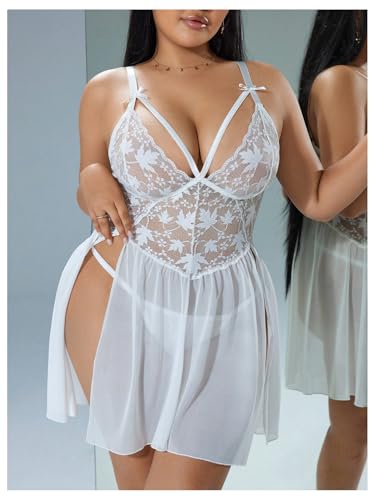OYOANGLE Women's Plus Size 2 Piece Lingerie Set Lace Sheer Split Chemise Nightgown Bridal Nightdress Sleepwear - Image 4