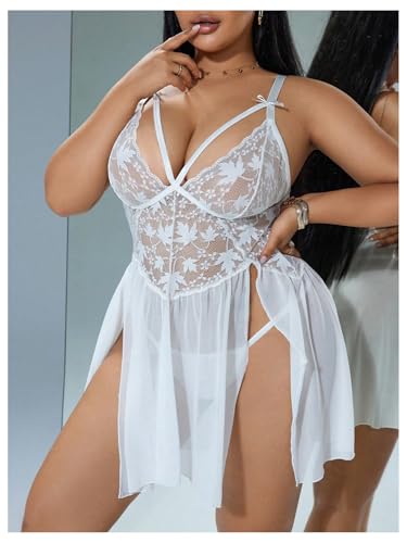 OYOANGLE Women's Plus Size 2 Piece Lingerie Set Lace Sheer Split Chemise Nightgown Bridal Nightdress Sleepwear - Image 5