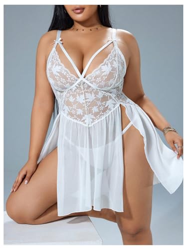 OYOANGLE Women's Plus Size 2 Piece Lingerie Set Lace Sheer Split Chemise Nightgown Bridal Nightdress Sleepwear - Image 6