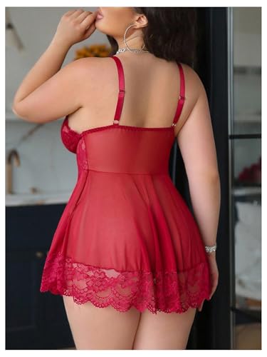 OYOANGLE Women's Plus Size Floral Lace Nightgowns Mesh Patchwork Camisole Bra Panty Lingerie Dress - Image 4