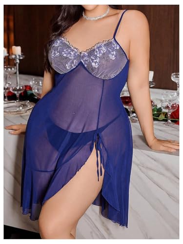 OYOANGLE Women's Plus Size Floral Sheer Nightgowns Sleeveless Ruffle Split Chemise Nightdress Babydoll Lingerie - Image 4