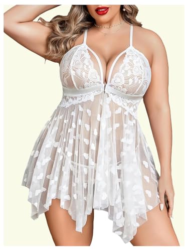 OYOANGLE Women's Plus Size Heart Print Lace Sheer Open Front Chemise Nightgown Babydoll Nightie Nightwear - Image 5