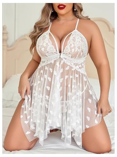 OYOANGLE Women's Plus Size Heart Print Lace Sheer Open Front Chemise Nightgown Babydoll Nightie Nightwear - Image 6